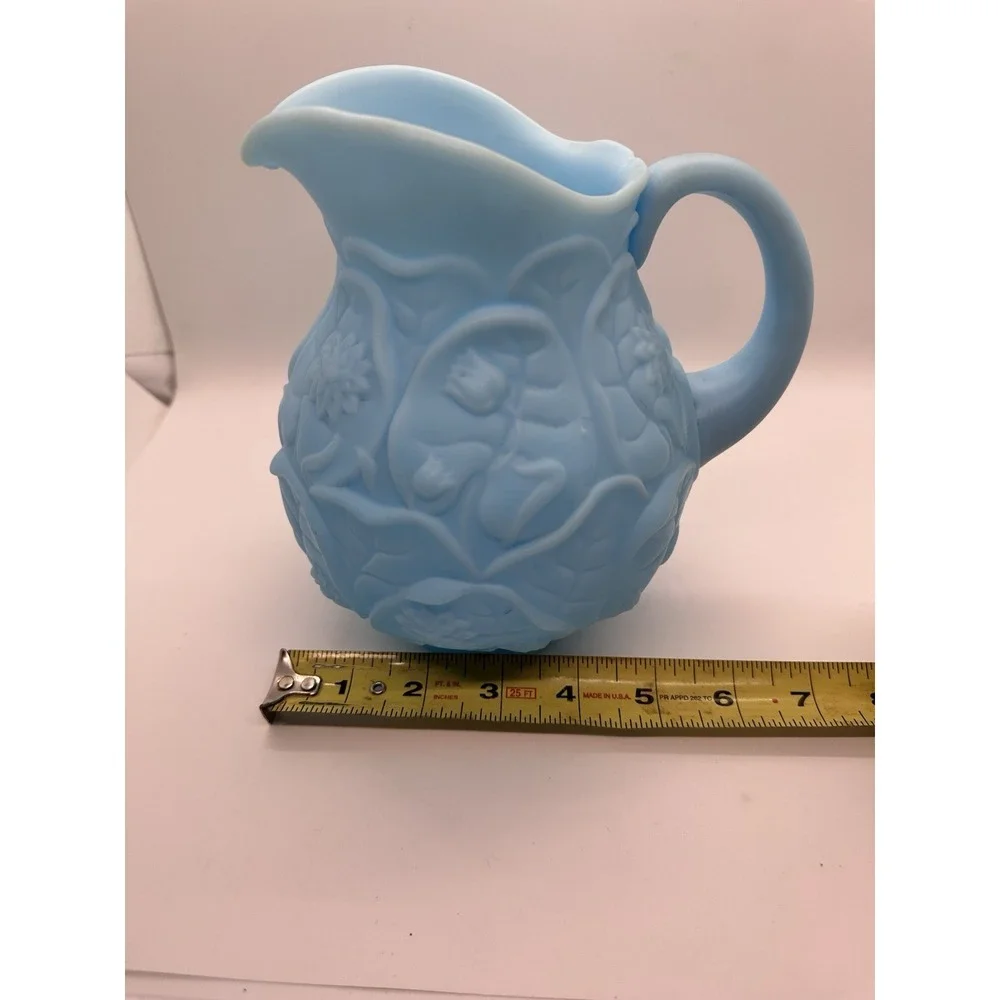 Vintage Fenton Blue‎ Satin Glass Water Lily Pattern Pitcher